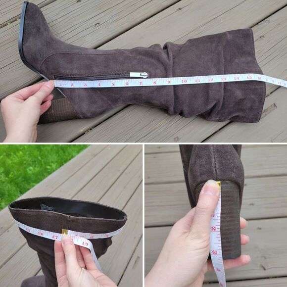 Splendid Chocolate Brown Suede Leather Square Toe Chunky Heel Slouchy Tall Boots - Picture 7 of 8